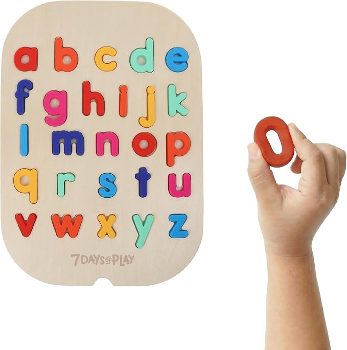 7 Days of Play Lowercase Alphabet Puzzle for Kids, Sensory Bin Insert for Sensory Tables, Silicone Letters, Wooden Fine Motor Learning Toy