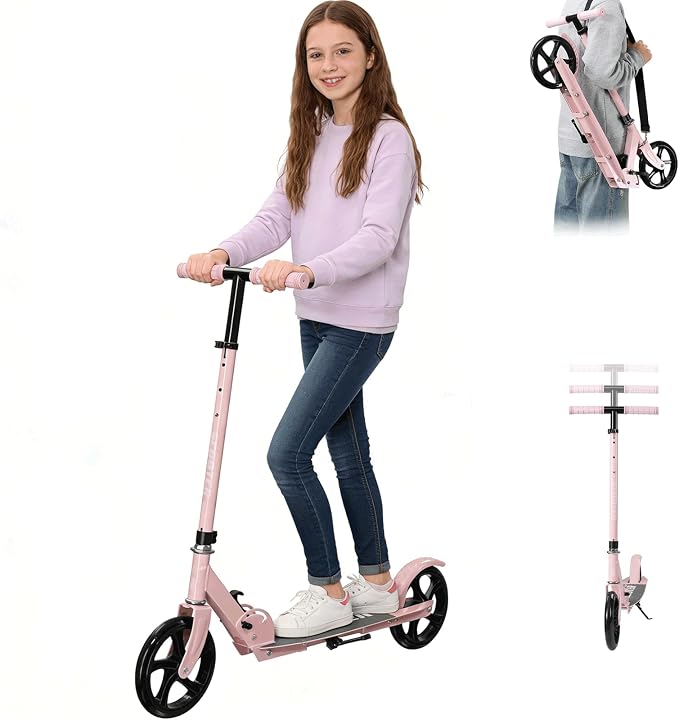 Scooter for Age 6+, Folding Kick Scooters for Kids 8-12,Teens, Adults up to 250Lbs,3 Adjustable Heights, Rear Brake, Wide Antislip Deck, Lightweight Scooter for Boys Girls