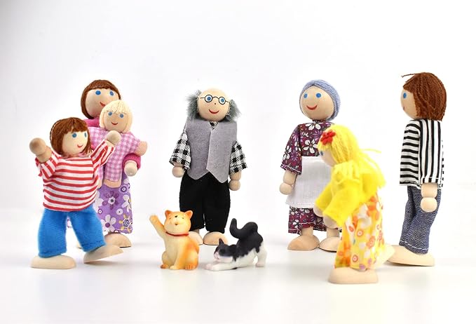 Jzszera Wooden Dollhouse People, 2-4 inches Doll House Dolls Family with 2 Pets (Dog and Cat)