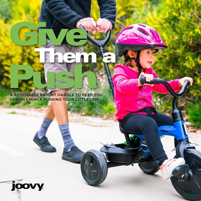 Joovy Tricycoo Fold & Go Toddler Tricycle Featuring Removable, Adjustable Push Handle, Lockable Front Pedals, Height-Adjustable Seat, 3-Point Safety Harness, and Rear Storage Box (Greenamole), Large