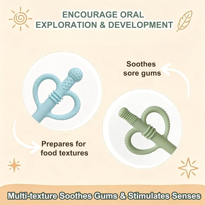 4 Pack Baby Teething Toys, Heart-Shaped Easy-Grip Silicone Teething Sticks, BPA-Free Multi-Texture Teething Tubes, Sensory Chew Toys to Soothe Gums 3-36 Months with Cleaning Brush