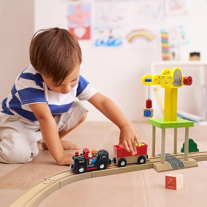 Wooden Train Track Accessories Wooden Crane Toy Set with Train Cars for 3 4 5 Year Old Boys Kids Other Major Wooden Rail Brands are Compatible (Multi-Function Crane)