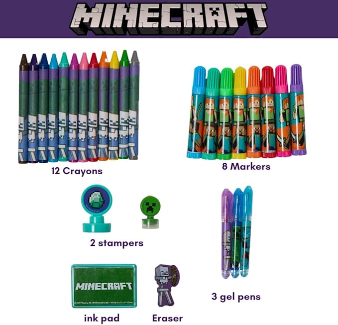 Innovative Designs Minecraft Kids Deluxe Activity Set with Carrying Tin, Coloring Sheets, Tattoos, Stickers, & Art Supplies