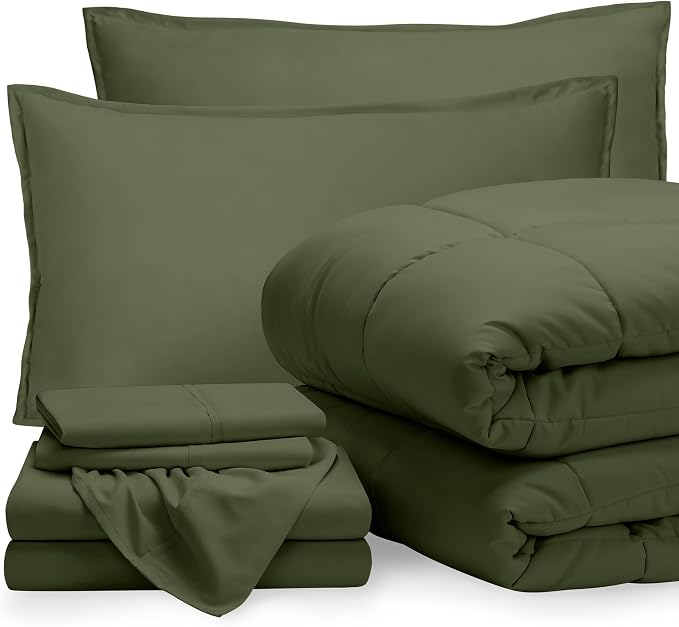 Bare Home Bed-in-A-Bag 7 Piece Comforter & Sheet Set - Full - Goose Down Alternative - Ultra-Soft 1800 Premium - Bedding Set (Full, Cypress/Cypress)