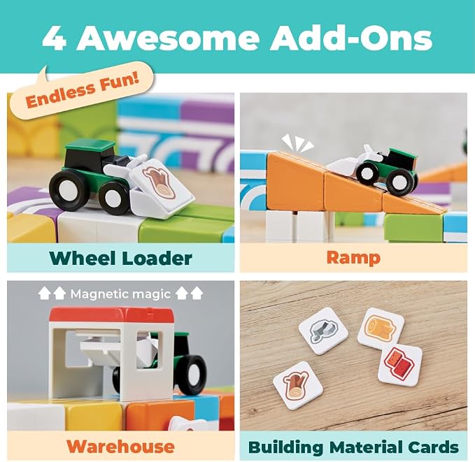 QBI Magnetic Blocks for Toddlers Ages 3+ | STEM Magnetic Block Tracks with Wheel Bulldozer & Tiles | 3D Colorful Magnet Building Blocks for Boys & Girls | Early Learning Sensory Toy – 21 Pieces