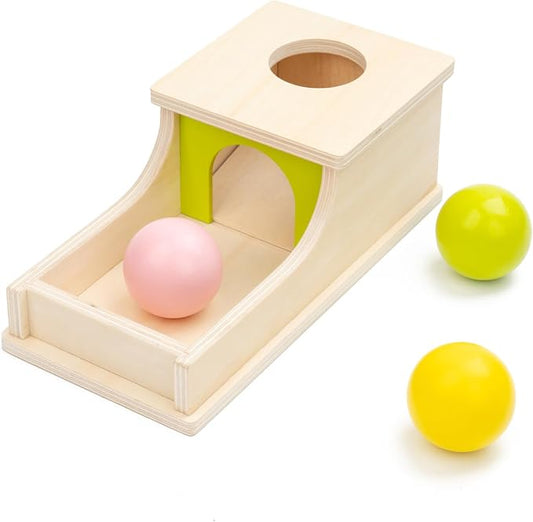 Montessori Toys for 6 Month Old, Wooden Object Permanence Box with Tray Three Balls, 8 Month Old Baby Toys, Preschool Infant Toys 6-12 Months Developmental, Cause and Effect Ball Drop Toy