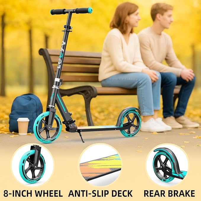 Scooter for Kids 6–12 & Adults, Max Load 240 LBS, Adjustable Height,Lightweight 2-Wheel, Foldable Kids Scooter with Big Wheels