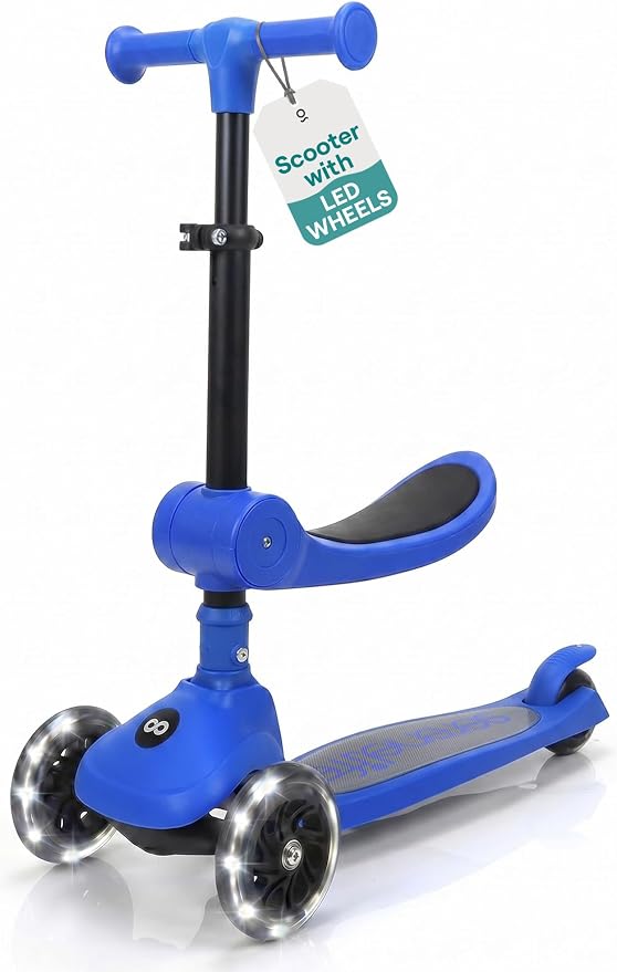 SereneLife 3 Wheel Scooter for Toddlers & Kids, Foldable Seat, LED Wheels, Adjustable Handlebar, Anti-Slip Deck, Rear Foot Brake, Lean-to-Steer, Kid Scooter Ages 18M–7Y, Supports up to 110 lbs., Blue