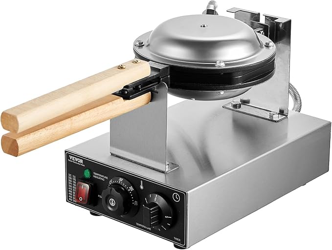 VEVOR Commercial Bubble Waffle Maker, 1400W Egg Pancake Baker Machine, Non-Stick Stainless Steel Egg Bubble Puff, 180° Rotatable, Temp and Time Control, Wooden Handle, for Restaurant Bakery Snack Bar
