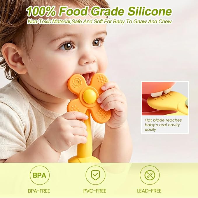 Baby Teething Toys, 2-in-1 Silicone Teether & Montessori Sensory Rattle, BPA-Free Food Grade Teether for Babies 6-18 Months, Easy-Grip Infant Toy for Teething Relief (Orange)