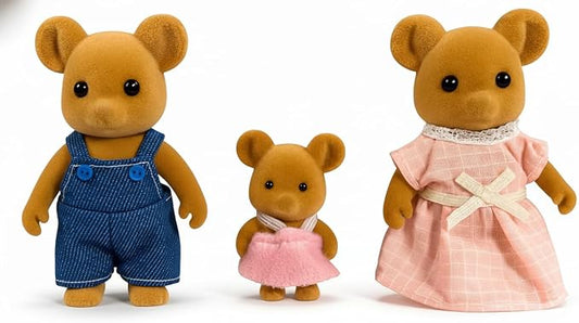 Family Brown Mouse Figures — Set of 3 Collectible Flocked Mini Dolls with Removable Clothes, Miniature Dollhouse Pretend Play Figures for Kids Ages 3+