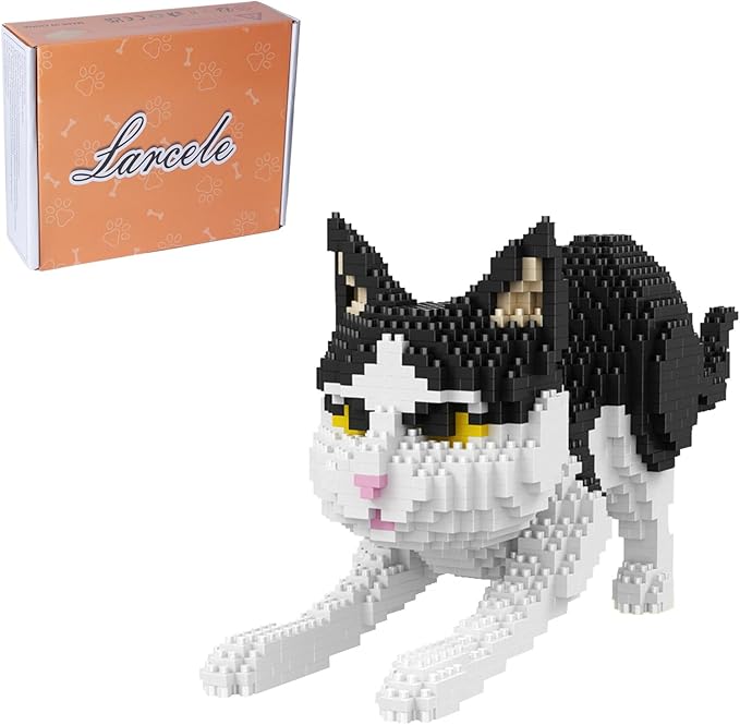 Larcele Cat Mini Building Blocks Animal Set, DIY Micro 3D Building Toy Bricks,1390 Pieces KLJM-05(Black and White Cat)