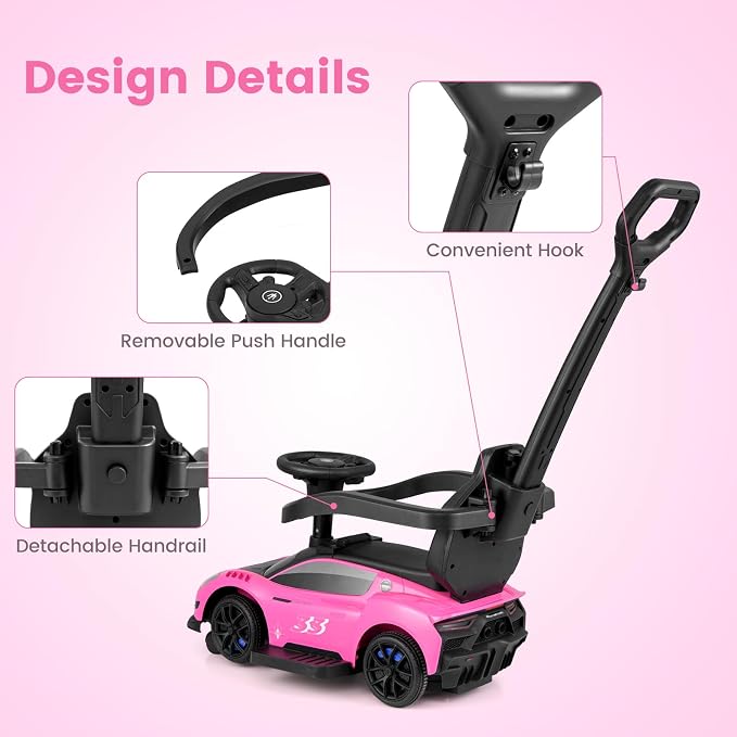 OLAKIDS Push Car for Toddlers, Licensed Maserati 3 in 1 Baby Ride on Sliding with Parent Control Handle, Universal Wheels Safe Guardrails Under Seat Storage, Kids Walking Toy with Music Horn (Pink)