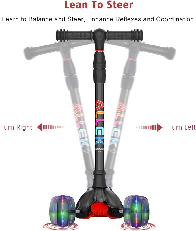 Allek Kick Scooter B02, Lean 'N Glide Scooter with Extra Wide PU Light-Up Wheels and 4 Adjustable Heights for Children from 3-12yrs (Black)