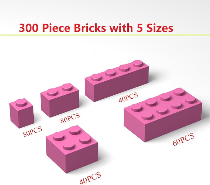 300 Piece Bulk Assortment Pack - Pink Bricks with 5 Sizes, Compatible with Lego Parts