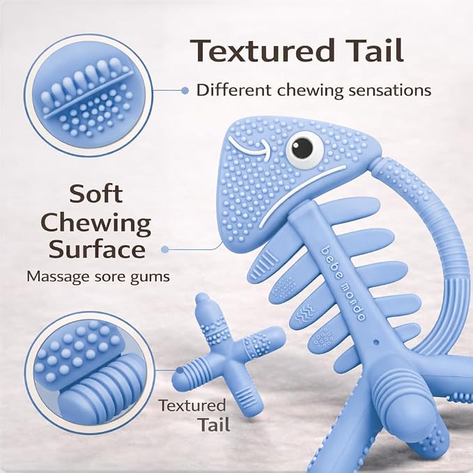 3 in 1 Infant Toys, Baby Teething Toys 3–6 6–12 Months, Teethers for Babies 0–3–6–12 Months for Teething Relief, Baby Gift, Baby Teether Toys,Silicone Sensory Toys,USA Patent Pending,Fish (Baby Blue)