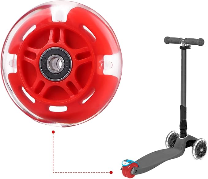 Rear 80mm Light Up White Flashing 3-Wheeled Kid Scooter Replacement Wheels Compatible with Micro Globber Lascoota Kick Scooter, 2-Pack (Red)