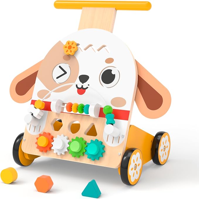 Wooden Baby Walker, 6-in-1 Push Walker for Toddlers | 6-in-1 Puppy Activity Walker with Shape Sorter, Bead Maze, Gears and Rubber Wheels for Toddlers 12-36 Months