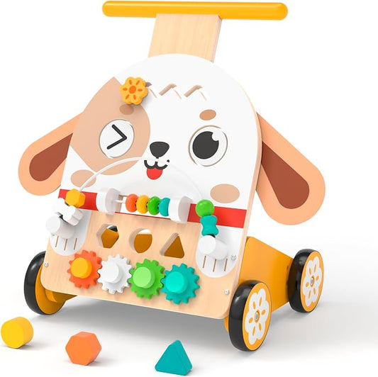 Wooden Baby Walker, 6-in-1 Push Walker for Toddlers | 6-in-1 Puppy Activity Walker with Shape Sorter, Bead Maze, Gears and Rubber Wheels for Toddlers 12-36 Months