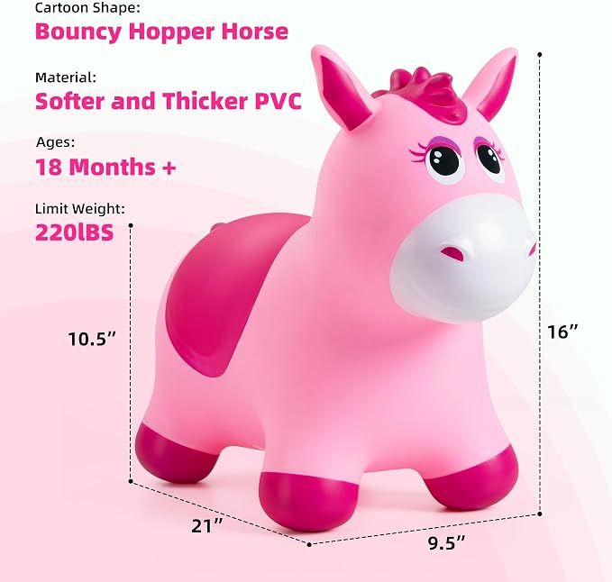 Bouncy Animals Horse for Toddlers, Hopping Toys Jumping Horse Hopper, Ride on Toys Indoor Outdoor Inflatable Birthday Gifts for Boys Girls 18 Months 2 3 4 5 6 Year Old, Pink