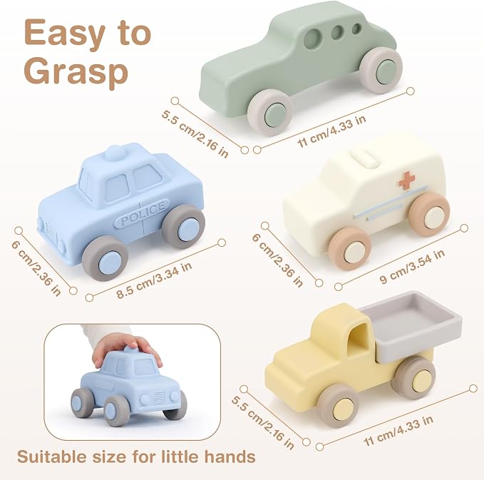 Vanplay Silicone Baby Car Toys with Storage Box - Soft Teething Toys for Babies 6-12 Months, Push & Pull Baby Toys for Toddlers, Birthday Gifts for Boys Girls（4 PCS）