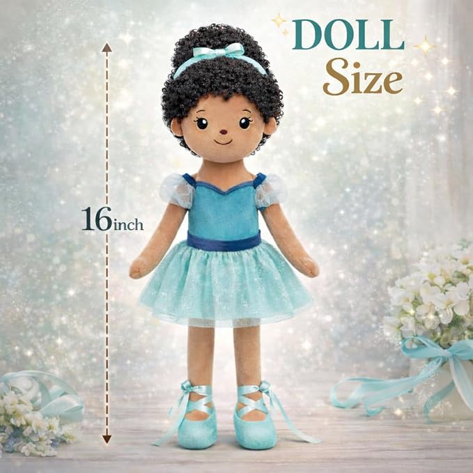Ballerina Doll Soft Plush Baby Doll,Black Ballet Doll with Green Outfit,Gifts for Girls Birthday,Toys for Toddler Kids Infants (Black)