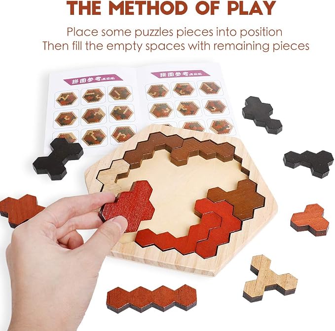 Wooden Hexagon Puzzle for Kids & Adults, Montessori STEM Educational Toy with Colorful Shapes, Logic IQ Brain Teaser Game for Kids, Geometry Tangram Gift