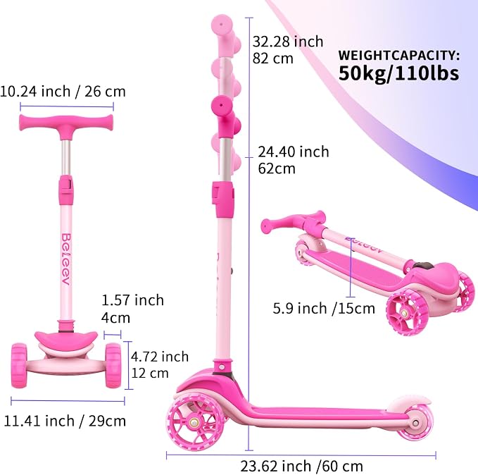 BELEEV A8 Scooter for Kids Ages 3-12, 3 Wheel Folding Scooter for Toddlers Girls Boys, LED Light-Up Wheels, 4 Adjustable Height, Lean to Steer, Extra Wide Wheels, Three Wheel Kick Scooter for Children