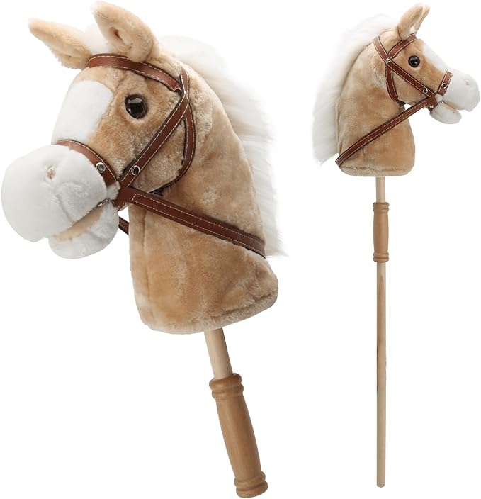 Linzy Toys 35.5" Plush Stick Horse - Funny Hobby Horse with Pony Sound, Soft Realistic Mane & Durable Leather Reins, Pretend Play Riding Toy for Boys & Girls Ages 3+ (Light Brown)