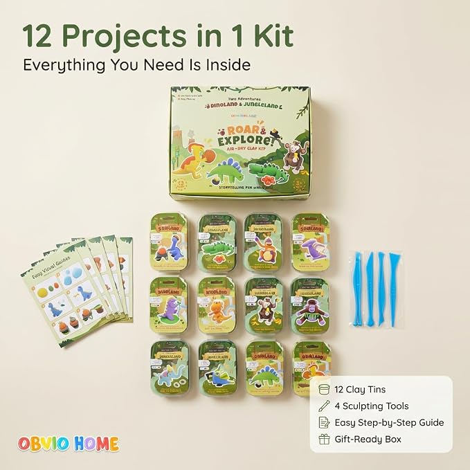 Air Dry Clay for Kids - 12 Dinosaur & Jungle Designs Modeling Clay Kit - Model Sculpting Set, Ultra Soft Safe & Non-Sticky | DIY Crafts, School Projects & Party Favors for Boys & Girls