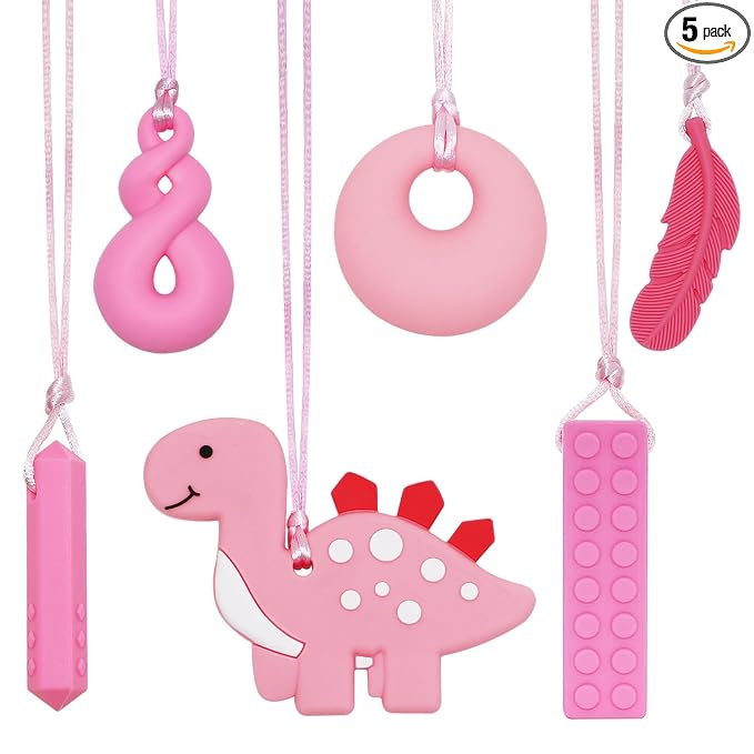 Chew Necklace for Sensory Kids Girls, 6 Pack Chewy Necklace Sensory Chew Toys for Autistic Children or Adults with ADHD, SPD, Anxiety, Silicone Pink Dinosaur Stim Toy - BPA Free