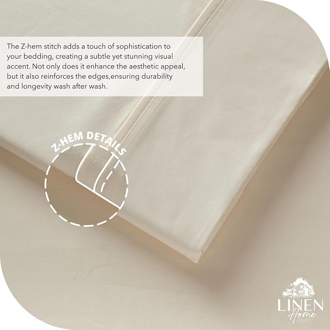 Linen Home 6 Piece Queen Size Cotton Sheet Set, 100% Cotton Percale, 4 Pillowcases, Deep Pocket with All Around Elastic Sheet, Crisp Breathable Bedding, Hotel Luxury, Long-Staple Combed Cotton, Ivory