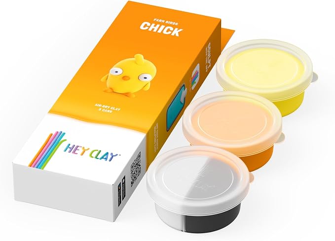 HEY CLAY Modelling Air-Dry Clay with Fun Interactive App - Non-Toxic, Non-Stick Modeling Clay Crafts Set for Kids Ages 3 to 8-3 cans (Farm Birds: Chick)
