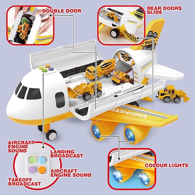Dwi Dowellin Construction Toy Airplane Set/Play Mat,Excavator,Bulldozer,Mixer,Dumper Truck,Forklift,Crane,Alloy Metal Car Toys for 3 4 5 6 Years Old Toddlers Kids Boys & Girls(Large)