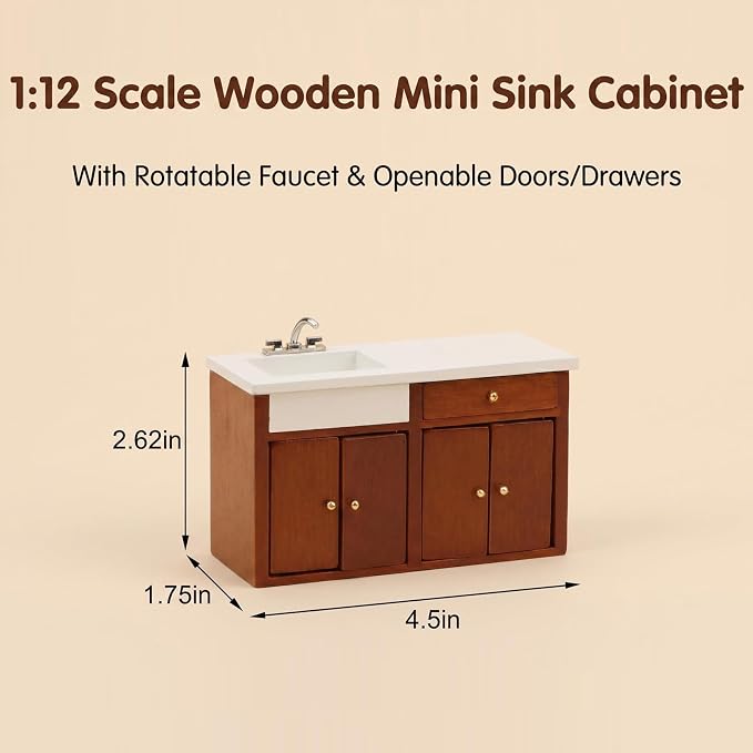 Dollhouse Furniture 1/12 Scale Miniature Sink Cabinet Wooden Bathroom Vanity Cabinet with Openable Drawer and Doors (Brown)