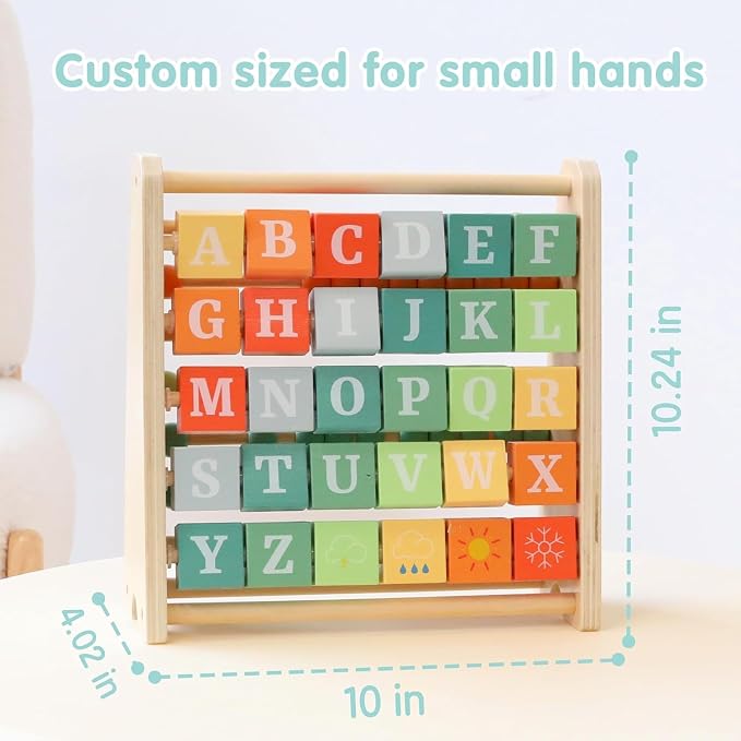 FReniland Wooden Activity Cube - Double-Sided Abacus & Alphabet Flip Tiles for Toddlers 18M+, Educational Counting Toy for Preschool and Homeschool Learning