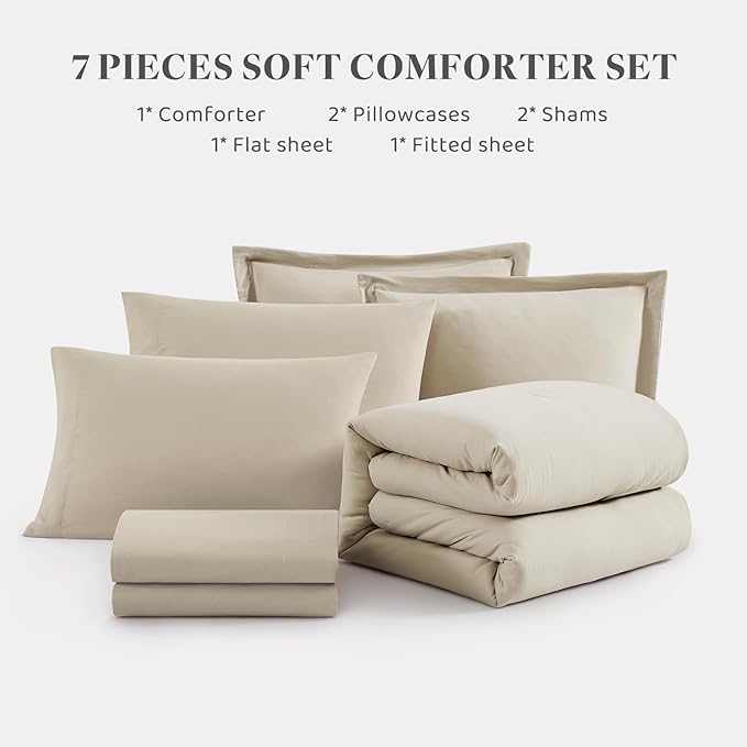 WRENSONGE Oversized Queen Comforter Set - 7 Pieces Light Oatmeal Bed in a Bag Queen with Sheets, 2 Pillow Shams, and 2 Pillowcases- Warm Bedding Sets Queen for All Season