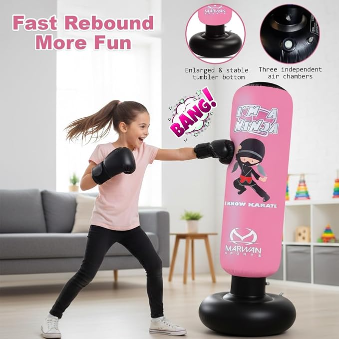 Marwan Sports Ninja Kids Punching Bag — Inflatable Sensory Toy & Birthday Gift for Boys & Girls Ages 4-12, 63" Freestanding 5-in-1 Kit, Indoor Apartment-Quiet Sensory-Friendly Active Play