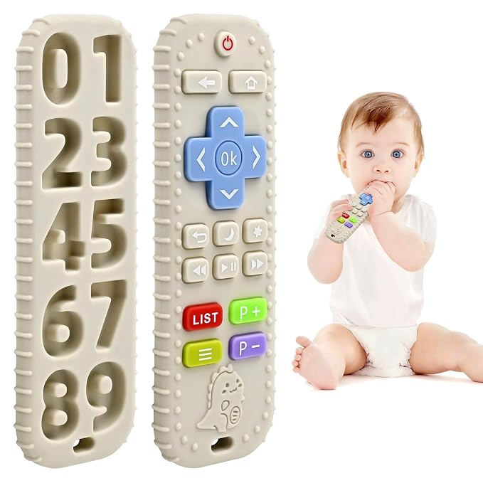 Teething Relief Teethers Toys for Babies 3-6-12 Months Gifts, Food Grade Silicone Sensory Remote Control Baby Teether Bath Toys for 9 18 Months Newborn Infant Boy Girl Autism, Beige