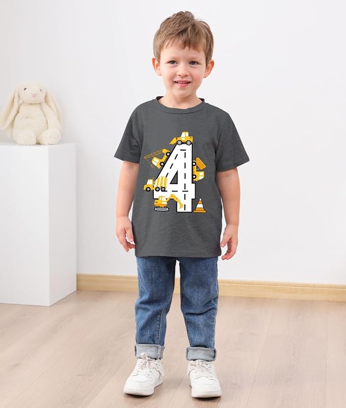 Lovekider 2-5 Years Birthday Boy Shirt Construction Party T-Shirts Excavator Cotton Short Sleeve Tee Dark Grey