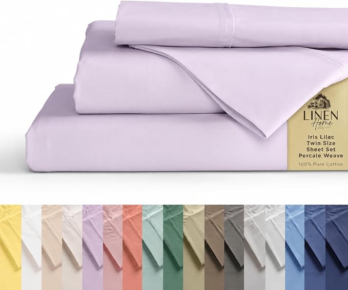 Linen Home 100% Cotton Percale Sheets Twin Size, Iris Lilac, Deep Pocket, 3 Pieces Set- 1 Flat, 1 Fitted and 1 Pillowcase, Crisp Cool and Long Staple Strong Bed Linen
