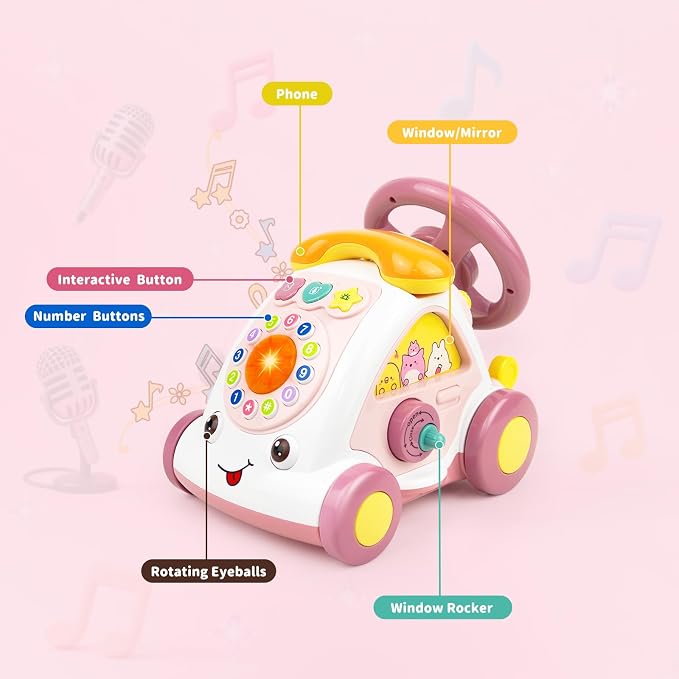 Love Mini Toddler Crawling Car Toy - Interactive Push Along Vehicle with Music & Lights, Early Learning Developmental Gift for Babies 6-12 Months