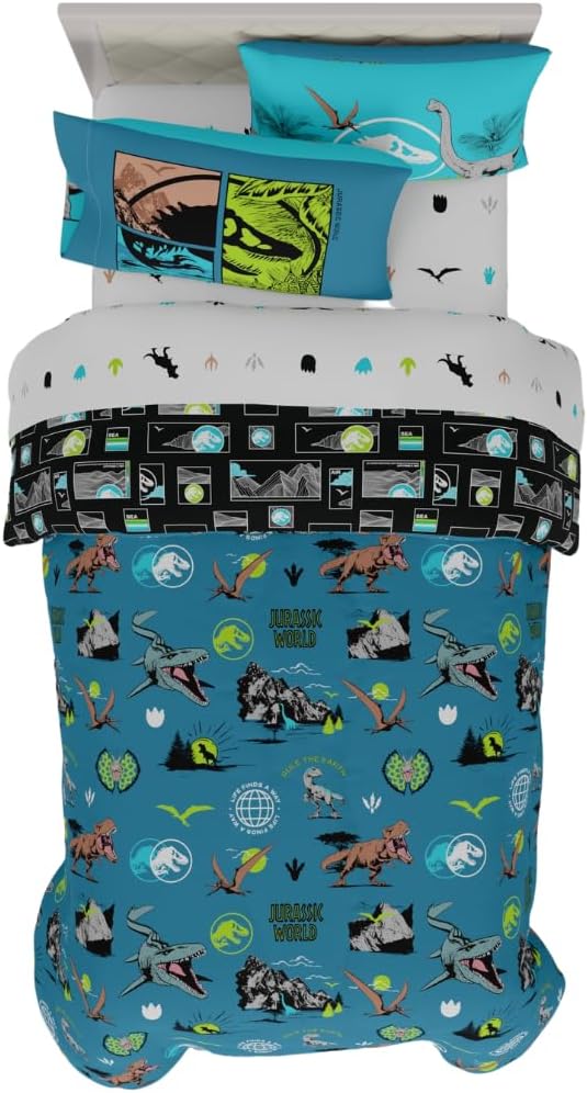 Jurassic World Kids Bedding Super Soft Cozy Reversible Microfiber Comforter and Sheet Set with Sham, 5 Piece Twin Size, (Officially Licensed Product) By Franco