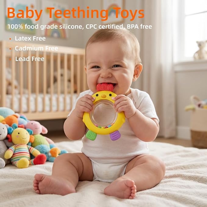 Baby Teether Rattle Toy,Babies Teething Rings Toys for 0-6 6-12 Months,Chicken Shape Textured Silicone Chew Toy for Gum Relief,Silicone Teether,BPA Free Baby Chew Toys Newborn Accessories