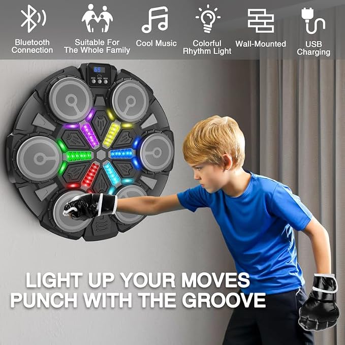 Music Boxing Machine Sport Toys for Kids and Adults,Wall Mounted Bluetooth Smart Punching Target,Training Pad Toy with Boxing Glove,Ideas Toys for Boys Girls Kids 3 4 5 6 7 8 9 10 11 12+ Years Old