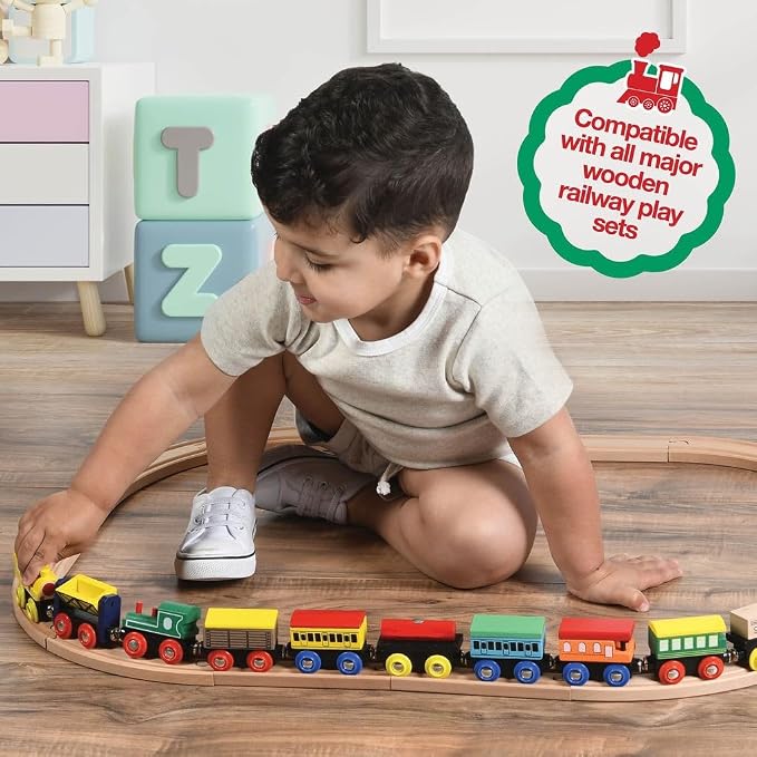 Play22 Wooden Train Set 12 PCS - Magnetic Train Toys Set Includes 3 Engines - Toy Sets for Kids Toddler Boys and Girls - Compatible with All Major Brands - Original