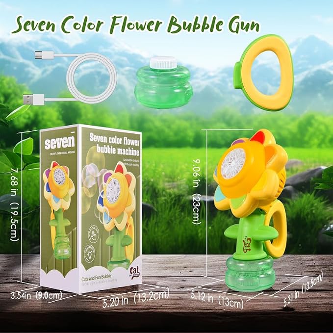 Sunflower Bubble Machine for Kids Automatic Flower Bubble Toy with Colorful Lighting for Toddlers Handheld 20000+Bubbles 3 Modes Fun Swing Dance Bubble Maker Blower Blaster Outdoor Toys Type-C Blue