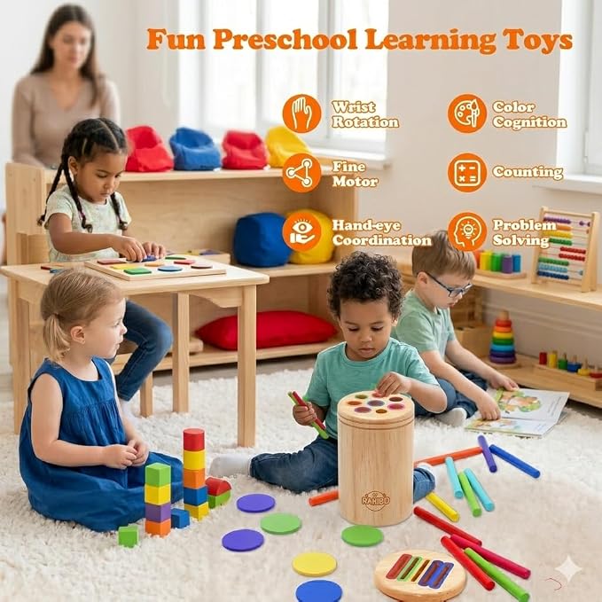 Montessori Color Sorting Toy for Toddlers - 3-in-1 Wooden Fine Motor Set with 3 Interchangeable Lids, Sticks & Discs - Beechwood, Non-Toxic, Ages 18 Months to 4 Years - Gift-Ready Window Box