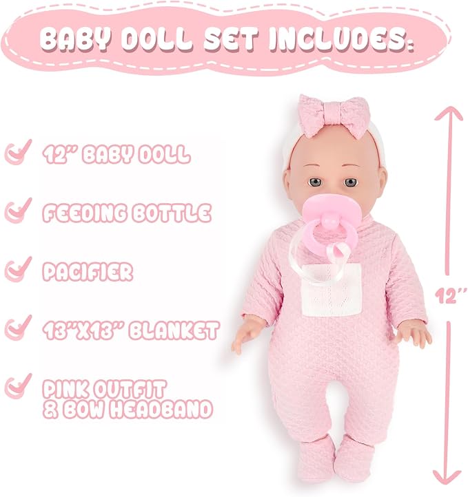 12'' Baby Doll in Gift Box - Toddler Baby Doll Set with Pacifier, Feeding Bottle, Blanket | Great Gift for 3+ Year Girls Pink