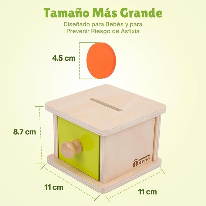Adena Montessori Coin Box,Object Permanence Box for 1 Year Old Baby Coins,Wooden Ball Drop Developmental Toys for 6-12 Month Infant Toddler,Learning Kids Gifts(Yellow-Green Door)